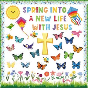 Easter Spring Jesus Cutouts - 139P Spring Into A New Life With Jesus Bulletin Board Cutouts Easter Cross Spring Birds Bees Butterfly Flowers Grass Sun Cutouts Christian Party Classroom Decor