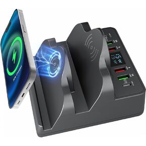 Charger Station Wireless Charger Phone with QC/PD Ports, 8 in 1 Fast Charging Pad Wireless Phone Charger for iWatch/Airpods/Samsung/Android/iPhone 14 13 12 for Travel Essentials