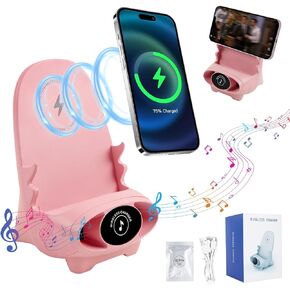 Mini Chair Wireless Fast Charger Multifunctional Phone Holder Stand,Portable Mini Chair Wireless Charger,3 in 1 Cell Phone Stand for Desk,Charging Desktop Cellphone Stand with Speaker Function (Pink)