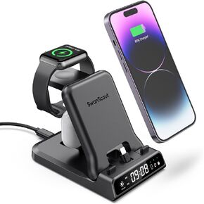Charging Station for Multiple Devices, SwanScout 701A, 25W 3 in 1 Fast Charging Station Dock for iPhone Series 14 Pro Max/13/12/11/X/8 Plus, for Apple Watch Series 9/8/7/6, for Air pods