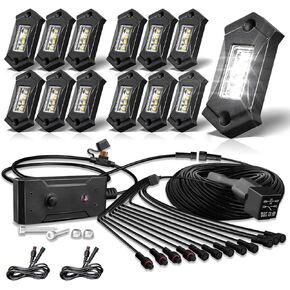 R3 LED White Rock Lights Kit with Switch Wire Harness 8PCS for Trucks Off Road RZR SUV ATV UTV Super Bright Pure White Under Glow Lights Trail TRAI Rig Lights High Power Waterproof
