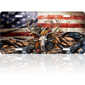 American Flag Deer Skull License Plate Cover Funny Camo License Plate for Car Personalise Decoration Stainless Steel Vanity Tag License Plate Frame Fits Standard Us Holder 6.2" X12.2 for Women Men