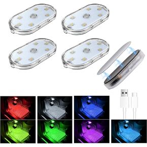 4 Pack 7 Colors Magnetic Car Interior Ambient Lights Wireless, Mini USB C Rechargeable Car Led Lights Interior with 6 Bright Led Lamp Beads Car Sound Control Light for Car Decor