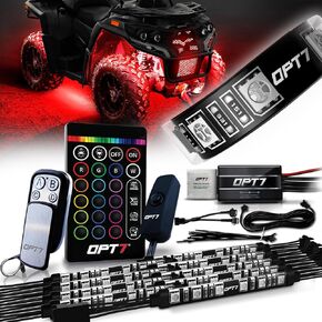 OPT7 Aura ATV UTV Underglow LED Lighting Kit, RGB Multi-Colors Neon Underbody Accent Strips w/Smart Brake Sensor, Switch Wireless Remote, 4-Key Chain Controller, IP67 Waterproof, 12V, 10pc