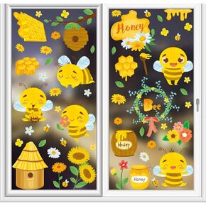 Bee Window Clings Honey Bee Window Decals Spring Summer Bee Window Stickers Flower Honeypot Bees Static Clings Removable Honeycomb Bee Window Decor for Home Party Supply 4 Sheets