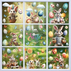87 PCS Easter Window Clings, 9 Sheets Easter Egg Window Clings Easter Stickers for Window Decor, Double Sided Easter Bunny Window Cling Decorations with Chick Flower Butterfly Carrot