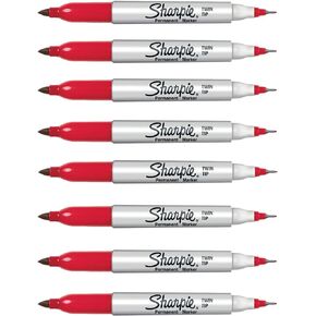 SHARPIE 32202 Twin Tip Permanent Marker, Fine and Ultra Fine Tip, Red Color, Quick-drying Ink, Fade and Water Resistant, AP Certified, Pack of 8