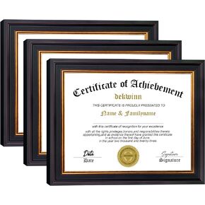 Diploma Frames 8.5x11 with Mat or 11x14 without Mat,Set of 2 Certificate Document Frame with Real Glass,Black Gold & Burgundy Molding(Black/Gold Double Mat)