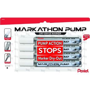 Pentel Markathon Pump Dry Erase Marker, Chisel Tip, Assorted Colors, 4 Pack (MWL6SXBP4M)