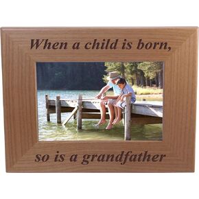 CustomGiftsNow When a child is born so is a grandpa - Natural Alder Wood Hanging/Tabletop Wooden Picture Photo Frame (4x6-inch Horizontal)