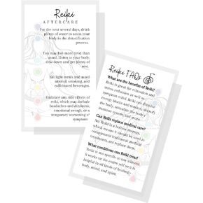 Reiki Aftercare & FAQ Cards | 50 Pack | 2x3.5" inch Business Card Size | Reiki Healing Session | White with Chakra Design