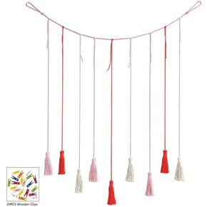 Hanging Photo Display Photo Wood Bead Garland Tassel Wall Decor Home Decoration for Nursery Kids Room (Colorful Tassel 39.3 Inch with 20 Clothespins)