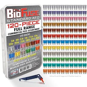 120 Piece Full Range Commercial Fuse Assortment: 120 Standard, ATO, ATC, ATS, APR Automotive Fuses 2A 3A 4A 5A 7.5A 10A 15A 20A 25A 30A 35A 40A, Fuse Puller
