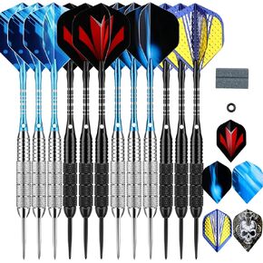 12 Pack Darts Metal Tip Set for Dartboard 6 x 22g 6 x 24g, Steel Tip Darts with Black Blue Aluminium Shafts 30 Flights 50 Rubber O-Rings 1 Dart Sharpener Tool in Kuwait