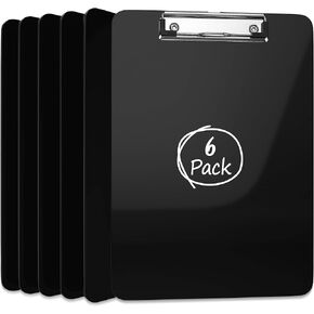 6 Pack Plastic Clipboards Black Clip Boards Low Profile Metal Clip Board 12.5 x 9 Inch Letter Size Bulk Class Set Acrylic Clip Boards with Hanging Hook - Holds 100 Sheets