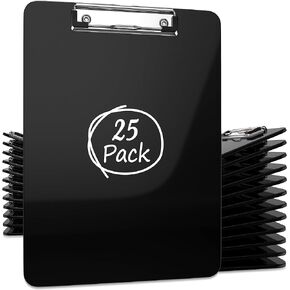 25 Pack Plastic Clipboards Black Clip Boards with Low Profile Metal 12.5 x 9 Inch Letter Size Bulk Class Set Black Acrylic Hanging Hook - Holds 100 Sheets