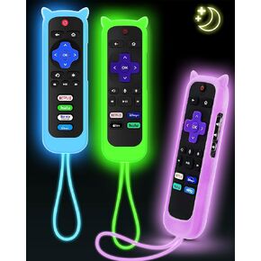 3Pcs Cover for Roku Remote with Cat Ears Design, Silicone Skin Case Compatible with Hisense/TCL Roku TV, Steaming Stick/Express, Universal Replacement Controller. Glow in The Dark Green/Blue/Purple
