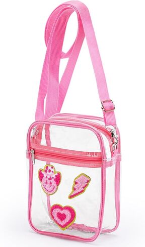 حقيبة كروس شفافة من Preppy باللون الوردي معتمدة من الاستاد مع جيب أمامي بسحاب وحقيبة شفافة وحقيبة صغيرة ساخنة وحزام قابل للتعديل للمناسبات الرياضية والحفلات الموسيقية والسفر والعمل والشاطئ in Kuwait
