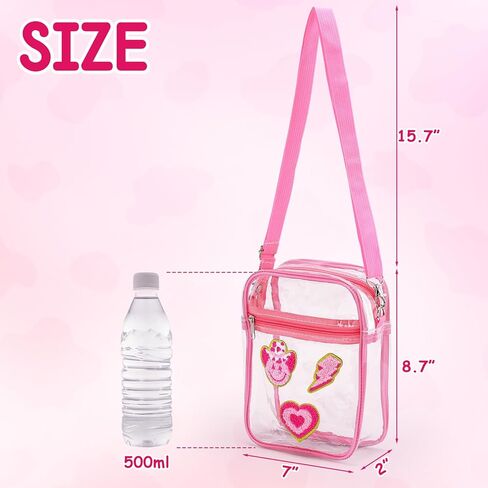 حقيبة كروس شفافة من Preppy باللون الوردي معتمدة من الاستاد مع جيب أمامي بسحاب وحقيبة شفافة وحقيبة صغيرة ساخنة وحزام قابل للتعديل للمناسبات الرياضية والحفلات الموسيقية والسفر والعمل والشاطئ in Kuwait