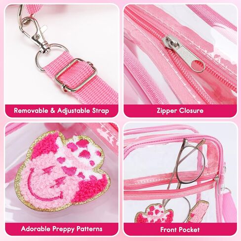 حقيبة كروس شفافة من Preppy باللون الوردي معتمدة من الاستاد مع جيب أمامي بسحاب وحقيبة شفافة وحقيبة صغيرة ساخنة وحزام قابل للتعديل للمناسبات الرياضية والحفلات الموسيقية والسفر والعمل والشاطئ in Kuwait