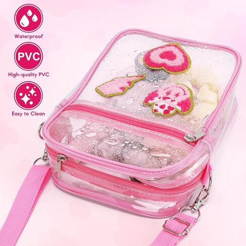 حقيبة كروس شفافة من Preppy باللون الوردي معتمدة من الاستاد مع جيب أمامي بسحاب وحقيبة شفافة وحقيبة صغيرة ساخنة وحزام قابل للتعديل للمناسبات الرياضية والحفلات الموسيقية والسفر والعمل والشاطئ in Kuwait