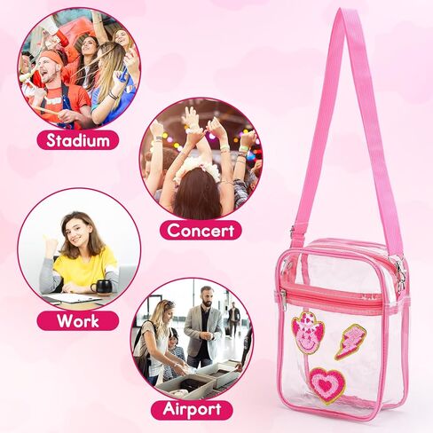 حقيبة كروس شفافة من Preppy باللون الوردي معتمدة من الاستاد مع جيب أمامي بسحاب وحقيبة شفافة وحقيبة صغيرة ساخنة وحزام قابل للتعديل للمناسبات الرياضية والحفلات الموسيقية والسفر والعمل والشاطئ in Kuwait