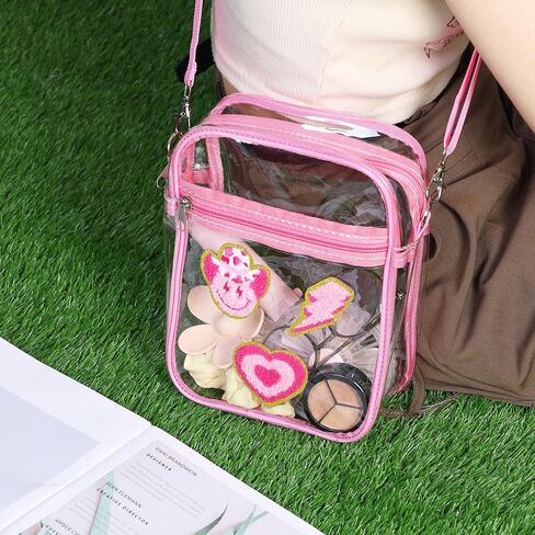 حقيبة كروس شفافة من Preppy باللون الوردي معتمدة من الاستاد مع جيب أمامي بسحاب وحقيبة شفافة وحقيبة صغيرة ساخنة وحزام قابل للتعديل للمناسبات الرياضية والحفلات الموسيقية والسفر والعمل والشاطئ in Kuwait