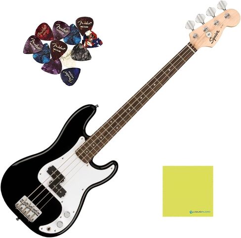 جيتار Fender Squier Bass Mini Precision قصير الحجم، لوحة أصابع الغار الهندية، حزمة سوداء مع 12x ريش جيتار Fender وقطعة قماش لتلميع الأدوات الصوتية السائلة in Saudi Arabia