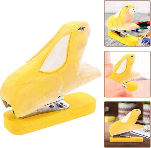 Wooden Animal Stapler Rabbit Desktop Stitcher Portable Hand Held Stapler Handmade Wood Carving Statue Sculpture for Office Stationery Christmas Yellow in Saudi Arabia