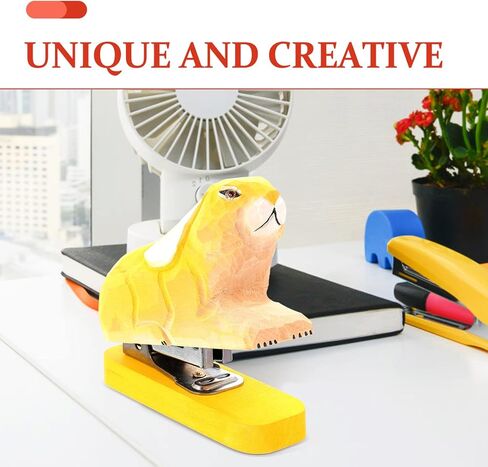 Wooden Animal Stapler Rabbit Desktop Stitcher Portable Hand Held Stapler Handmade Wood Carving Statue Sculpture for Office Stationery Christmas Yellow in Saudi Arabia