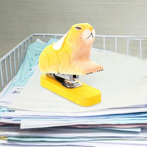 Wooden Animal Stapler Rabbit Desktop Stitcher Portable Hand Held Stapler Handmade Wood Carving Statue Sculpture for Office Stationery Christmas Yellow in Saudi Arabia