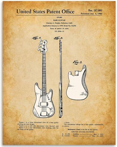 Fender Bass Guitar Patent Print - 11x14 Unframed Patent - Great Gift Under $15 for Guitar Players in Saudi Arabia