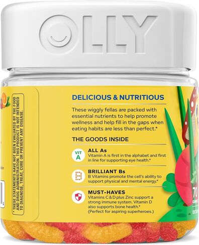 ديدان صمغية متعددة الفيتامينات من أولي كيدز، الصحة العامة ودعم المناعة، الفيتامينات والمعادن A، C، D، E، Bs والزنك، مكمل قابل للمضغ، لكمة الفاكهة الحامضة، كمية تكفي 45 يومًا (70 قطعة) in Kuwait