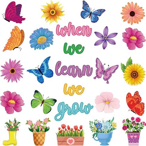 73 PCS Spring Bulletin Board Decor Flower Butterfly Paper Cutouts When We Learn We Grow Bulletin Cutouts Colorful Floral Classroom Bulletin Decor with Glue Points for Classroom School DIY Projects in Saudi Arabia