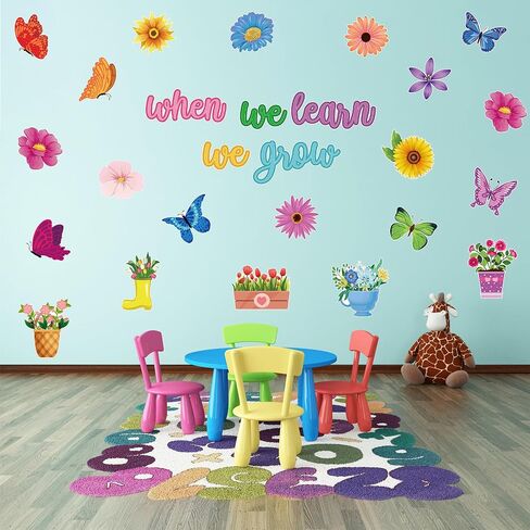 73 PCS Spring Bulletin Board Decor Flower Butterfly Paper Cutouts When We Learn We Grow Bulletin Cutouts Colorful Floral Classroom Bulletin Decor with Glue Points for Classroom School DIY Projects in Saudi Arabia