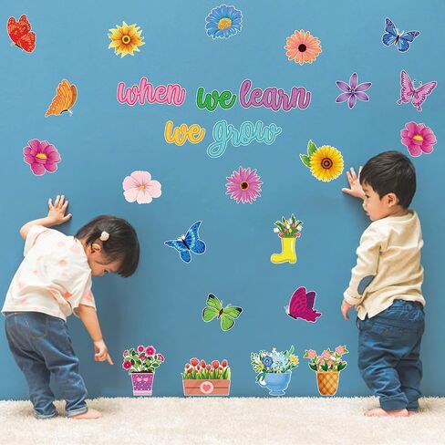 73 PCS Spring Bulletin Board Decor Flower Butterfly Paper Cutouts When We Learn We Grow Bulletin Cutouts Colorful Floral Classroom Bulletin Decor with Glue Points for Classroom School DIY Projects in Saudi Arabia