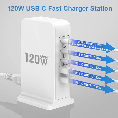 كتلة شاحن USB C بقدرة 120 وات، محطة شحن لأجهزة متعددة، كتلة شحن USB، محور شحن سريع USB C GaN، شاحن كمبيوتر محمول USB C بقدرة 65 وات متوافق مع أجهزة MacBook Pro/Air، iPhone، iPad، Samsung in Saudi Arabia