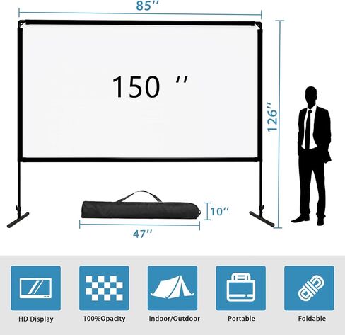 شاشة عرض 150 بوصة مع حامل، شاشة عرض GT GETCO TECH 16:9 داخلية وخارجية، شاشة عرض محمولة عالية الدقة، شاشة فيلم أمامية خلفية مع حقيبة حمل للمسرح المنزلي، والحفلات، والفصول الدراسية in Saudi Arabia
