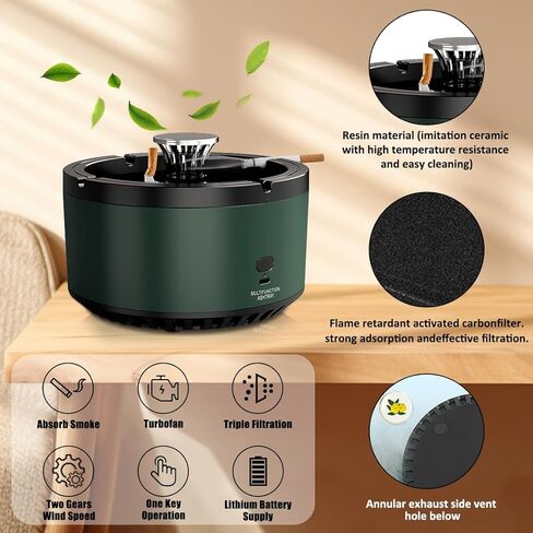 Smokeless Ashtray，Indoor Smoke Removing Ashtray, Clean Air Ashtray Air Purifiers for Home, Smoke Eater Ashtray, Outdoor Ashtrays for Smokers, Suitable for Office、Home、Indoor、Outdoor、Car(Green) in Saudi Arabia