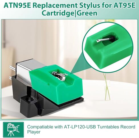 قلم بديل ATN95E لخرطوشة AT95E|أخضر، متوافق مع مشغل تسجيل الأقراص الدوارة Audio-Technica AT-LP120-USB، استبدال إبر مشغل السجل الماسي، مناسب AT93، AT3400، AT3450 in Kuwait