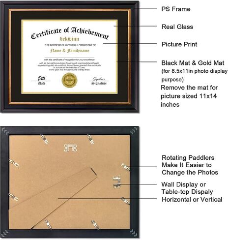 Diploma Frames 8.5x11 with Mat or 11x14 without Mat,Set of 2 Certificate Document Frame with Real Glass,Black Gold & Burgundy Molding(Black/Gold Double Mat) in Saudi Arabia