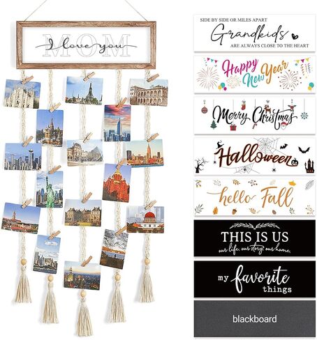 Mkono Hanging Photo Display Wall Art Pictures Greeting Cards Holder with Blackboard and 4pcs Family Themes Cards for Living Room Bedroom Home Office Decor, Mom Girl Birthday Christmas Gift in Saudi Arabia