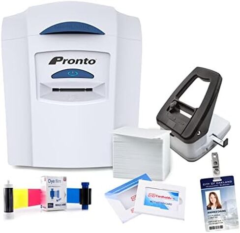 Magicard Pronto ID Card Printer | with Beginner Software, 100 Blank ID Cards, Slot Punch, 100 Strap Clips, & 1 Color Ribbon | Single Sided ID Card Printer in Kuwait