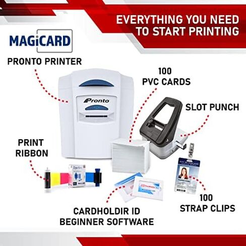 Magicard Pronto ID Card Printer | with Beginner Software, 100 Blank ID Cards, Slot Punch, 100 Strap Clips, & 1 Color Ribbon | Single Sided ID Card Printer in Kuwait
