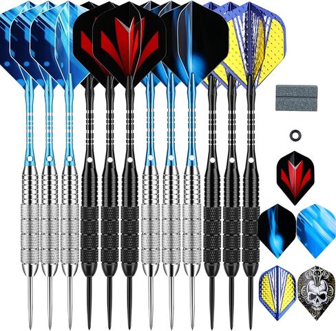 12 Pack Darts Metal Tip Set for Dartboard 6 x 22g 6 x 24g, Steel Tip Darts with Black Blue Aluminium Shafts 30 Flights 50 Rubber O-Rings 1 Dart Sharpener Tool in Kuwait