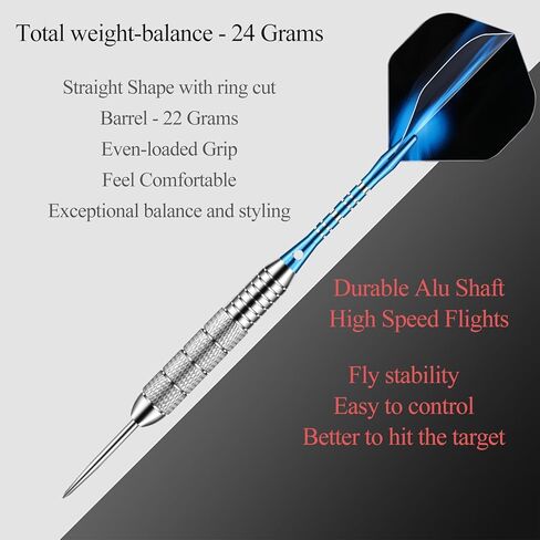 12 Pack Darts Metal Tip Set for Dartboard 6 x 22g 6 x 24g, Steel Tip Darts with Black Blue Aluminium Shafts 30 Flights 50 Rubber O-Rings 1 Dart Sharpener Tool in Kuwait