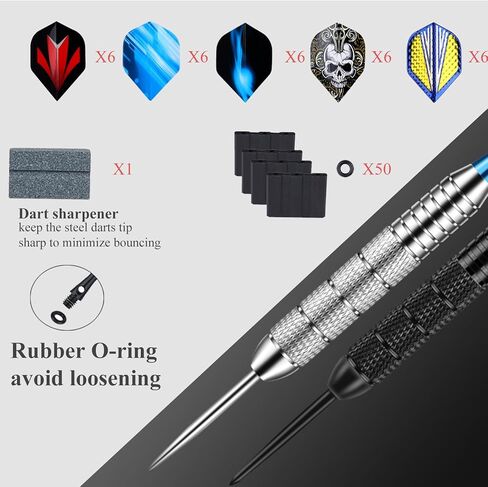 12 Pack Darts Metal Tip Set for Dartboard 6 x 22g 6 x 24g, Steel Tip Darts with Black Blue Aluminium Shafts 30 Flights 50 Rubber O-Rings 1 Dart Sharpener Tool in Kuwait