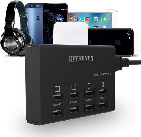 USB Charger with USB C PD20W and USB A QC18W, HITRENDS 60W PD Fast Charging Station, 5ft 8-Port Multiple Desktop Multi Port USB Charging Hub Compatible with iPad iPhone 17/16/15/14, Galaxy S24/S23/S22 in Kuwait