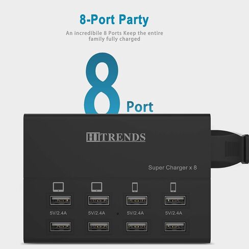 USB Charger with USB C PD20W and USB A QC18W, HITRENDS 60W PD Fast Charging Station, 5ft 8-Port Multiple Desktop Multi Port USB Charging Hub Compatible with iPad iPhone 17/16/15/14, Galaxy S24/S23/S22 in Kuwait