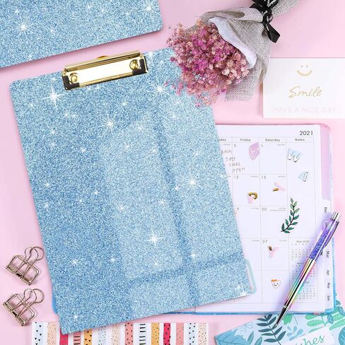 WAVEYU Acrylic Clipboard, Glitter Hardboard for Women Girls, Stardard Letter Size Clip Board with Low Profile Gold Clip Designed for Classroom School and Office Use, A4 Size 12.5" x 9", Glitter Clear in Kuwait